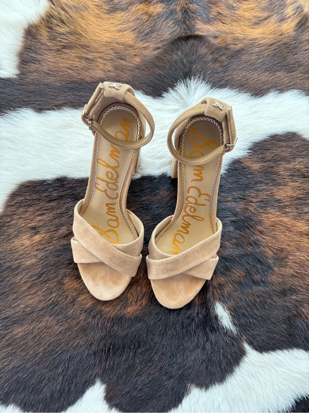 Sam Edelman Beige Suede Crisscross Ankle-Strap Heels